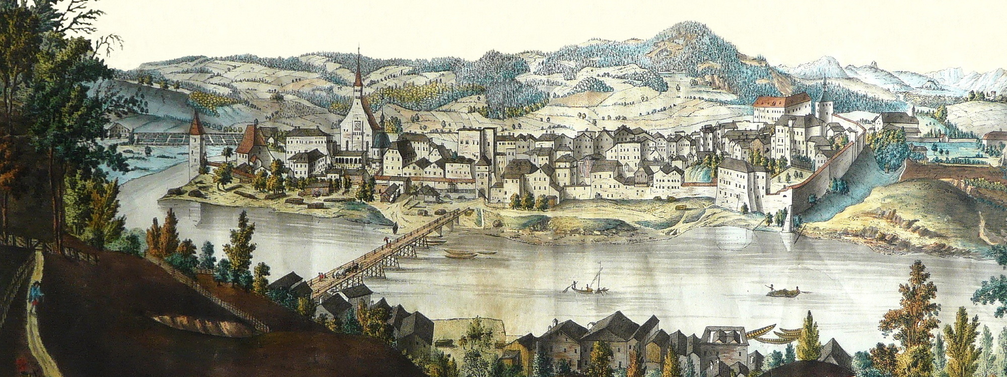 Historisches Gemälde der Altstadt Laufen in der Salzachschleife